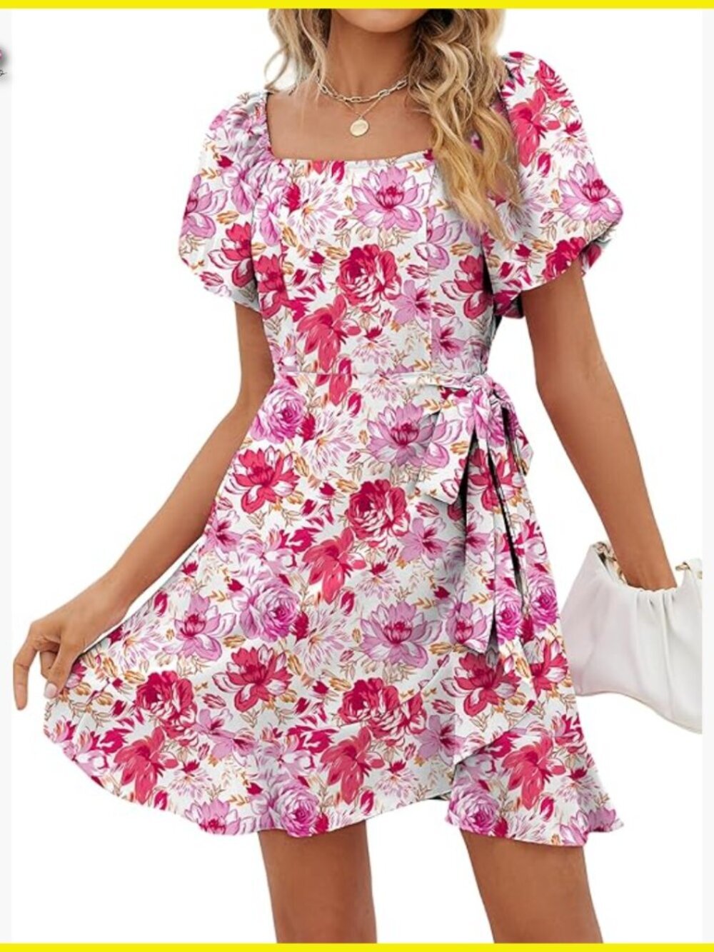 Puff Sleeve Square Neck Tie Waist A-Line Mini Dress Summer Casual Chic